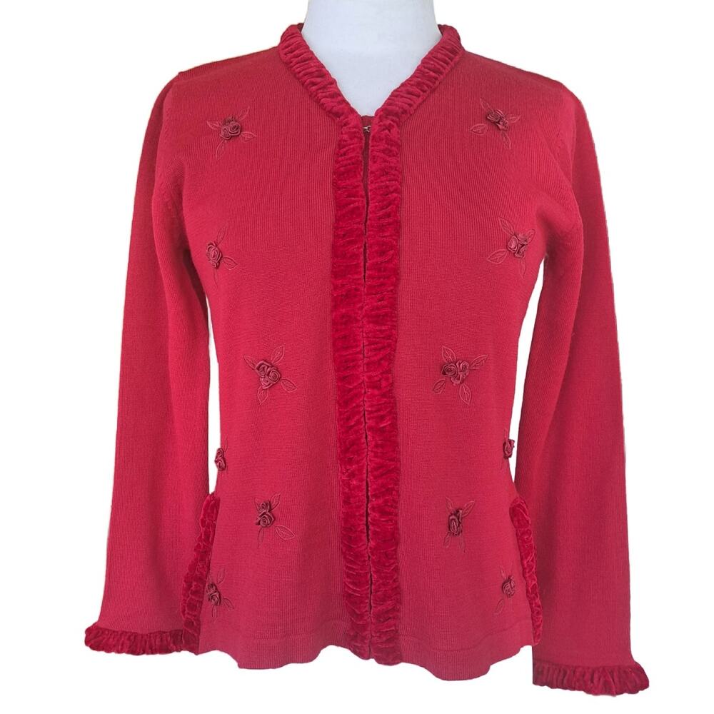 APRIL CORNELL Red Wool Blend Cardigan Sweater Small Velvet Trim Rosette Artsy